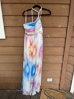 La Femme One-Shoulder Maxi Dress in Blue, Pink, Orange, White size 8